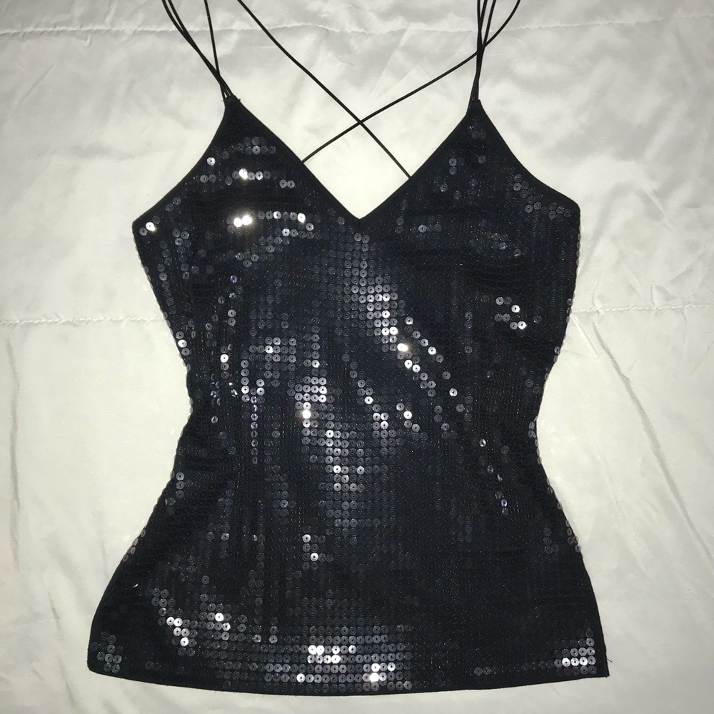 Y2K Sequin Black Strappy Tank Top